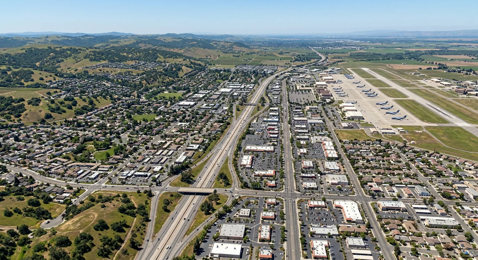 Aerial view of Fairfield, CA and Travis Air Force Base